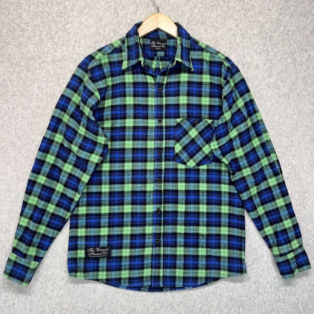 The Vermont Flannel Co Mens Medium Blue Green Plaid Button Front Flannel Shirt‎